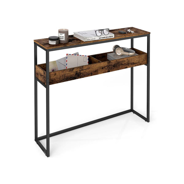 Smalle consoletafel met twee niveaus en halfopen vakken 24 x 100 x 80 cm