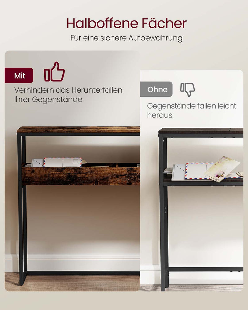 Smalle consoletafel met twee niveaus en halfopen vakken 24 x 100 x 80 cm