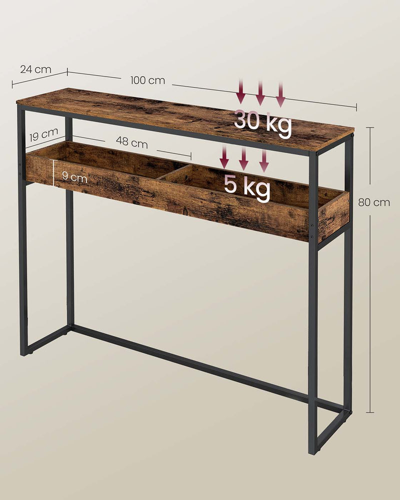 Smalle consoletafel met twee niveaus en halfopen vakken 24 x 100 x 80 cm
