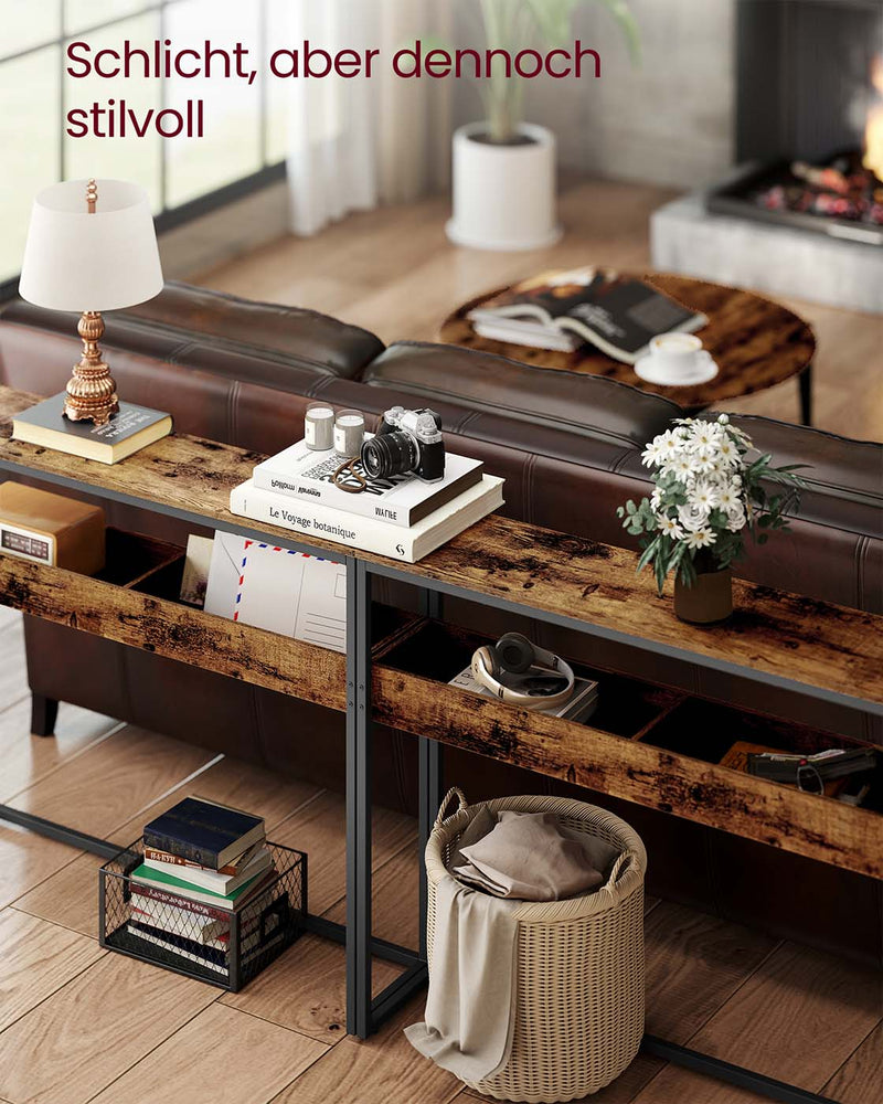 Smalle consoletafel met twee niveaus en halfopen vakken 24 x 100 x 80 cm