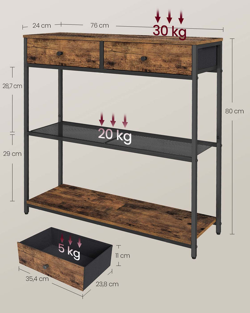 Smalle consoletafel met twee stoffen lades 24 x 76 x 80 cm - LNT092K01