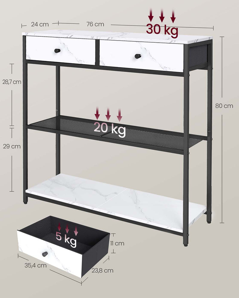 Smalle consoletafel met twee stoffen lades 24 x 76 x 80 cm - LNT092W01