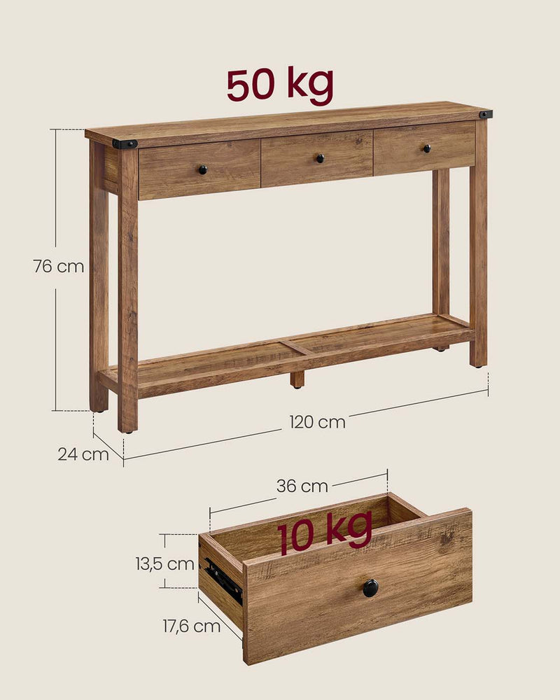 Consoletafel met drie lades en onderplank voor in de hal 24 x 120 x 76 cm