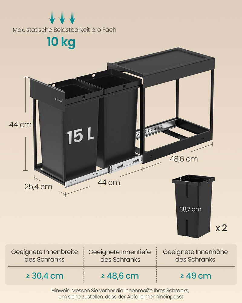 Prullenbak met twee compartimenten en uittrekbaar afvalscheidingssysteem 4 x 44 cm - LTB950B01