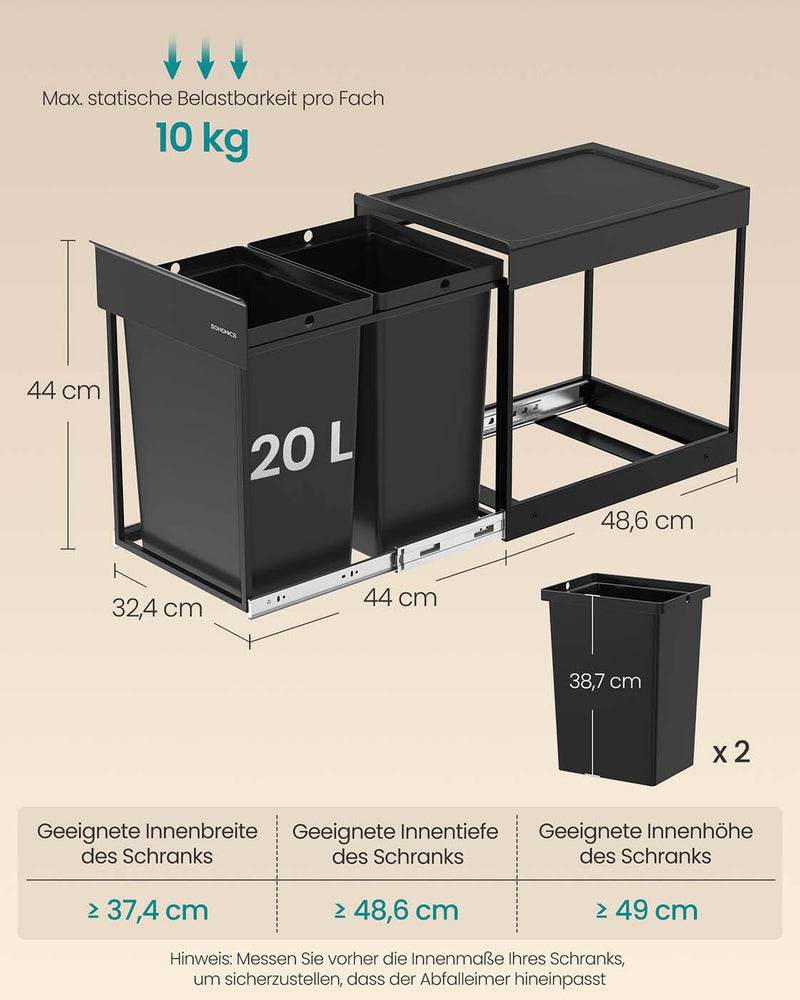Prullenbak met twee compartimenten en uittrekbaar afvalscheidingssysteem 4 x 44 cm - LTB951B01