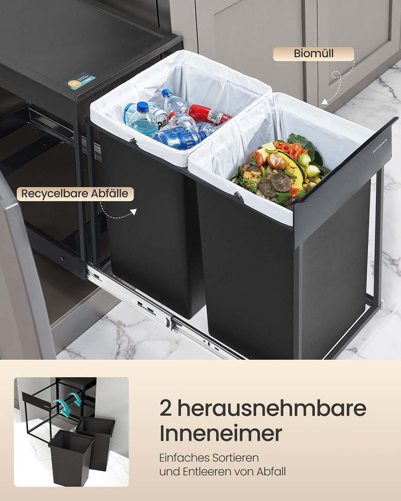 Prullenbak met twee compartimenten en uittrekbaar afvalscheidingssysteem 4 x 44 cm - LTB951B01