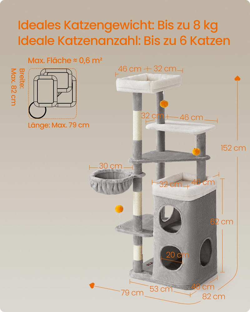 Kattenboom met meerdere niveaus, grotten en platforms voor katten 152 cm - PCT007G01