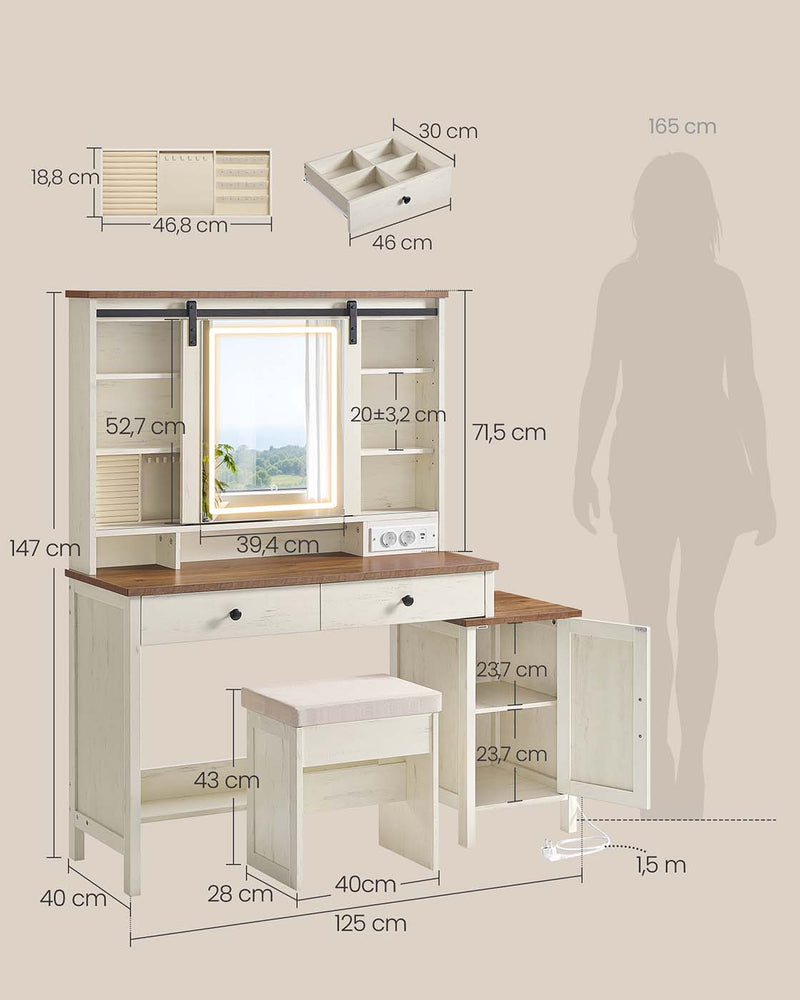 Kaptafel met spiegelverlichting en diverse lades 40 x 125 x 147 cm
