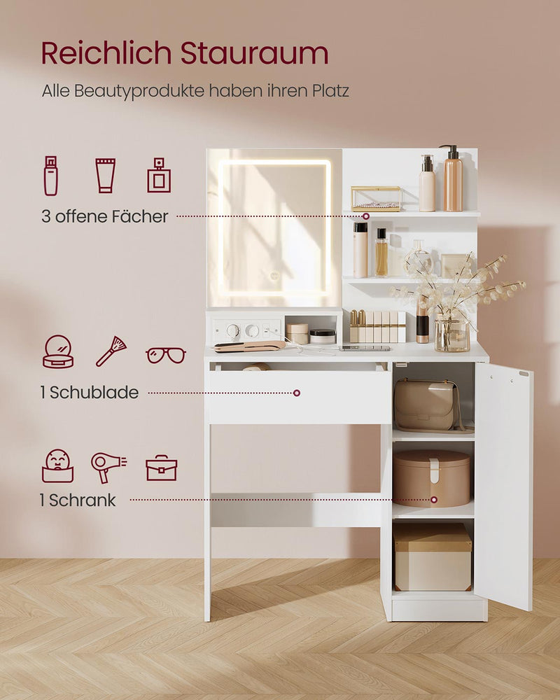 Kailyn Collectie - Kaptafel met LED-spiegel, lade en open planken 40 x 80 x 132 cm