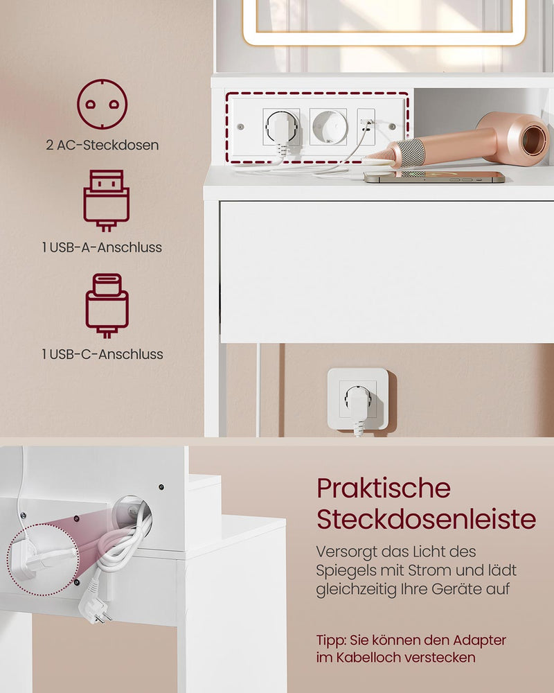 Kailyn Collectie - Kaptafel met LED-spiegel, lade en open planken 40 x 80 x 132 cm