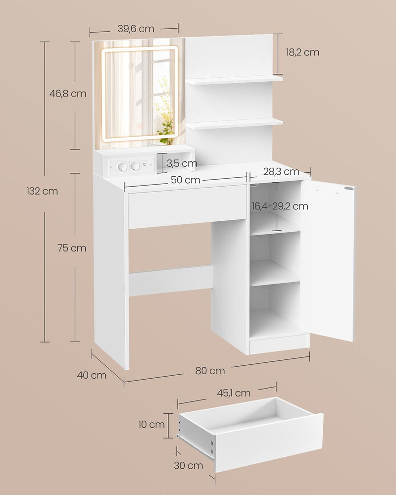 Kailyn Collectie - Kaptafel met LED-spiegel, lade en open planken 40 x 80 x 132 cm