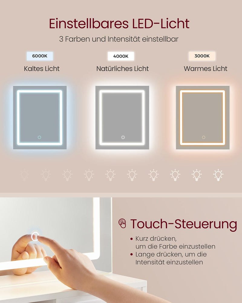 Kailyn Collectie - Kaptafel met LED-spiegel, lade en open planken 40 x 80 x 132 cm