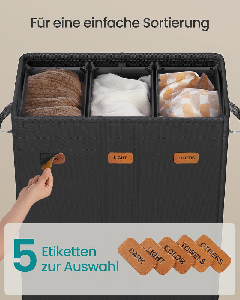 Wasmand met drie compartimenten, deksel en wasbare binnenzak 64 x 33 x 75 cm - RLH013B01