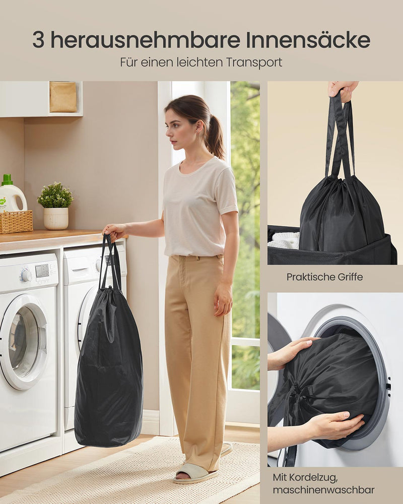 Wasmand met drie compartimenten, deksel en wasbare binnenzak 64 x 33 x 75 cm - RLH013B01