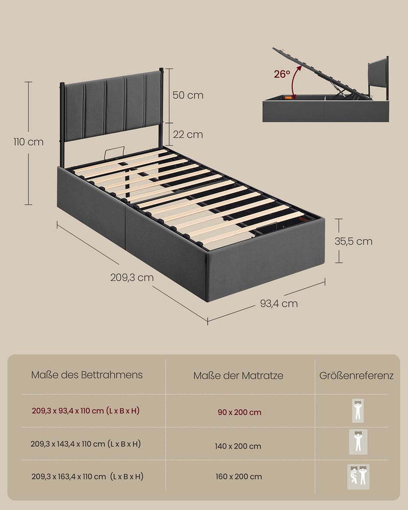 Bedframe met opvouwbare lattenbodem en opbergruimte onder het bed 160 x 200 cm - RMB612G02