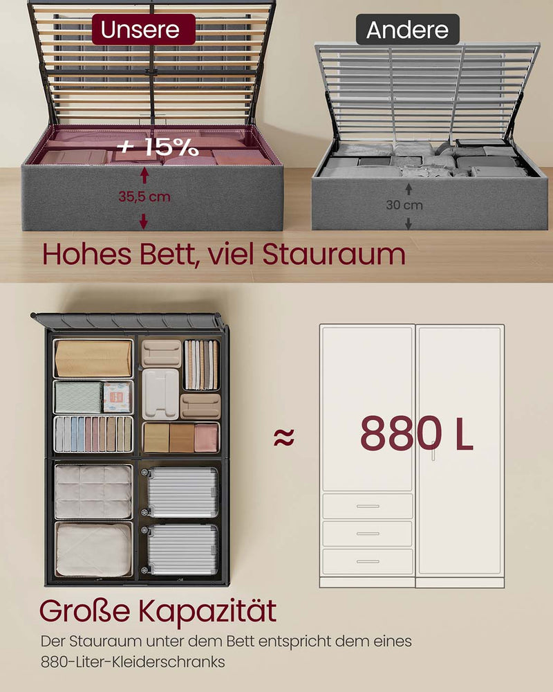 Bedframe met opvouwbare lattenbodem en opbergruimte onder het bed 160 x 200 cm - RMB614G02