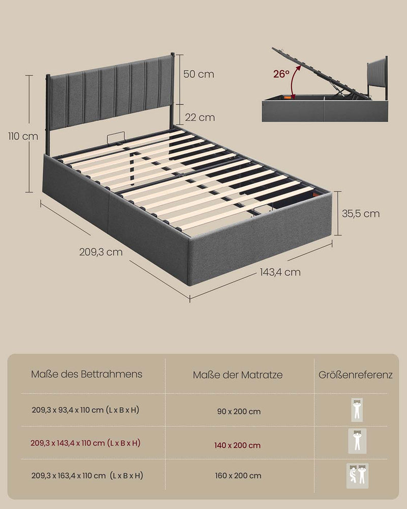 Bedframe met opvouwbare lattenbodem en opbergruimte onder het bed 160 x 200 cm - RMB614G02